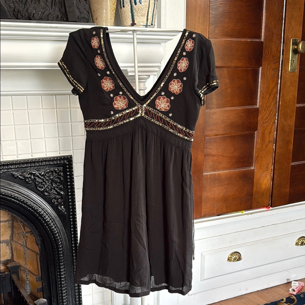 Boho black  mini  Dress‎ with sequins  and Embroidery- worn a few times.